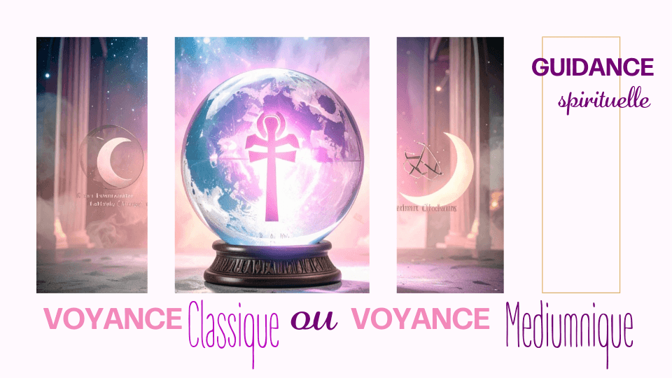 Illustration mauve représentant une boule de cristal entourée d’un Ankh et de symboles ésotériques, évoquant la guidance spirituelle, la clairvoyance médiumnique et la lecture d’âme.