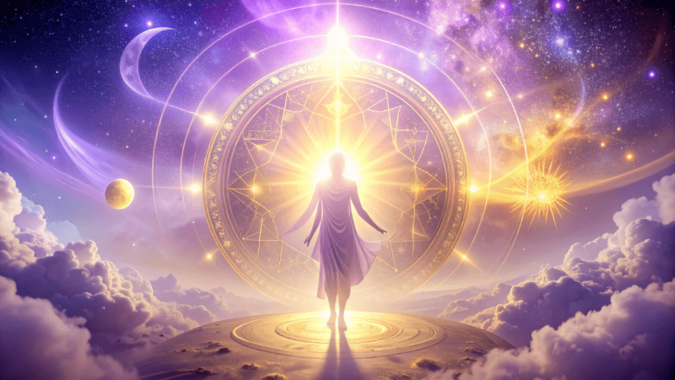 Représentation contemporaine en tons mauves d’une connexion astrale avec les guides de lumière, entourée du Sceau de Salomon et d’étoiles, symbolisant la médiumnité et l’accompagnement spirituel.