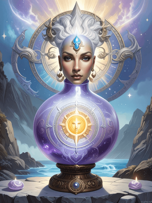 Visuel mauve représentant un Athanor alchimique et des solides de Platon, évoquant la libération émotionnelle, la guérison karmique et la guidance spirituelle personnalisée.