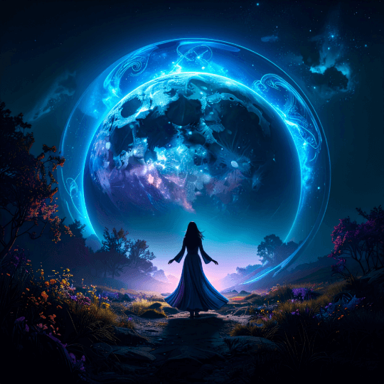 Scène astrale mauve montrant une décorporation légère, entourée de symboles planétaires, illustrant la clairvoyance médiumnique, l’éveil spirituel et le contact avec les esprits de lumière.